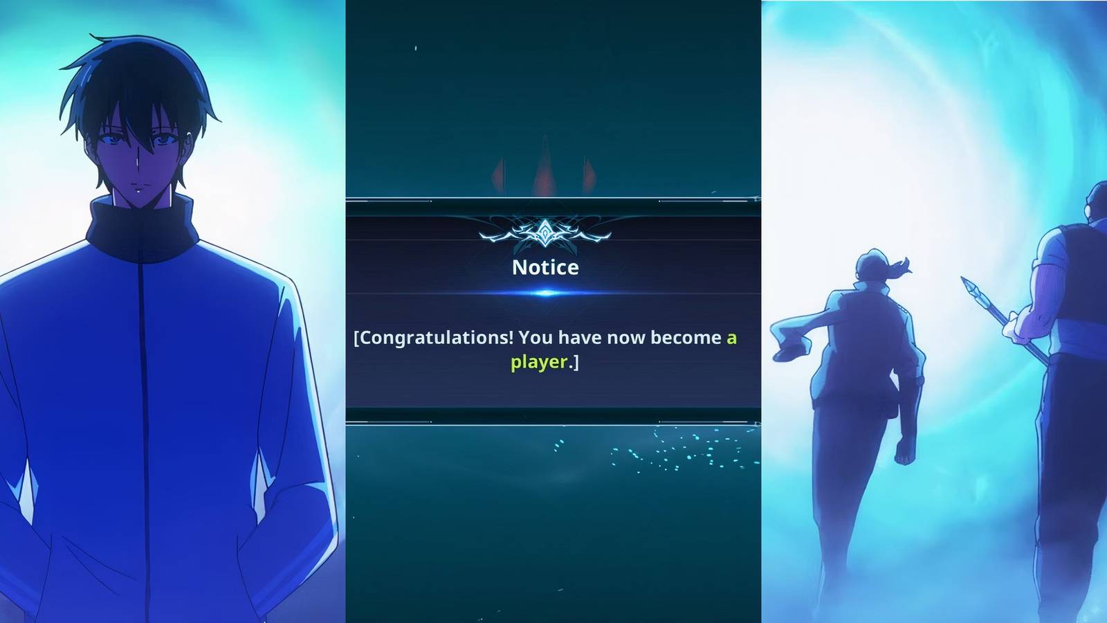 feature image with song nim entering dungeon with hunters, system pop-up and jinwoo coming out of dungeon