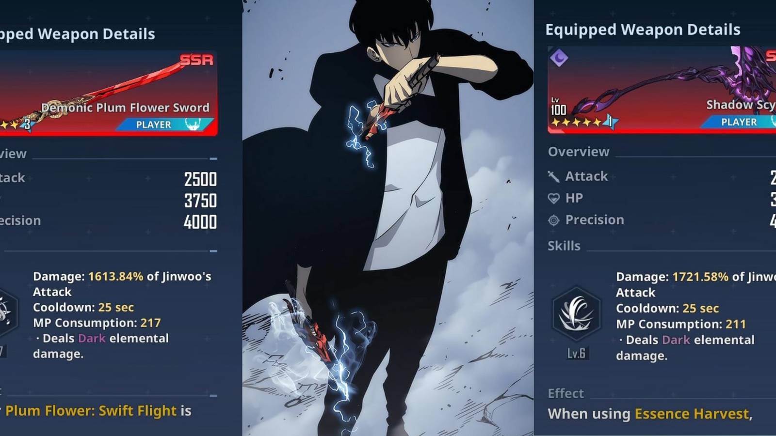 Demonic Plum Flower Sword and Shadow Scythe showcase with jinwoo with broken daggers standing