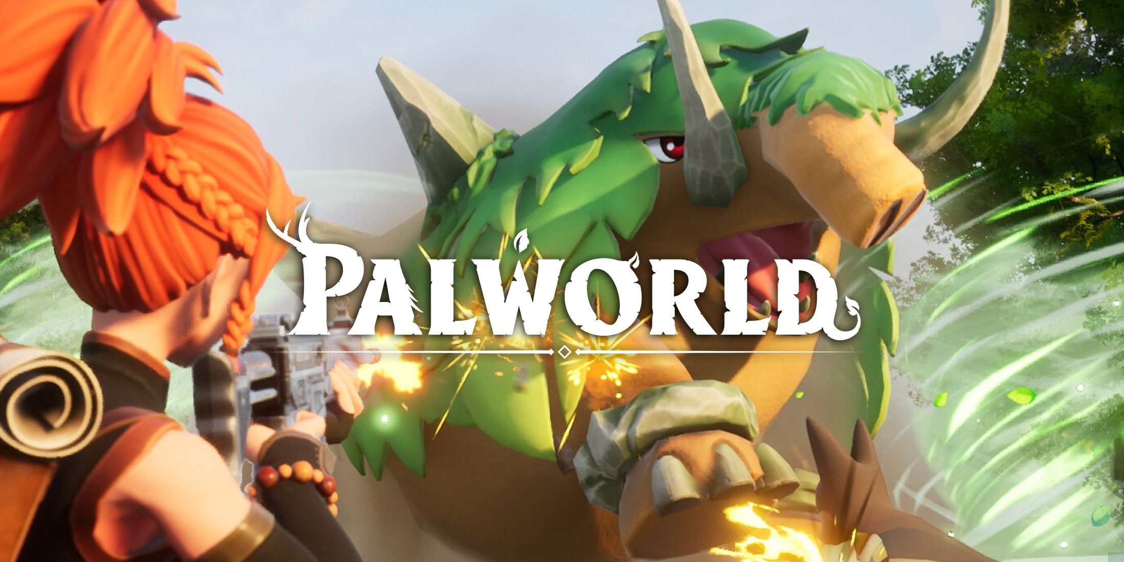 palworld mammorest with logo and player firing gun