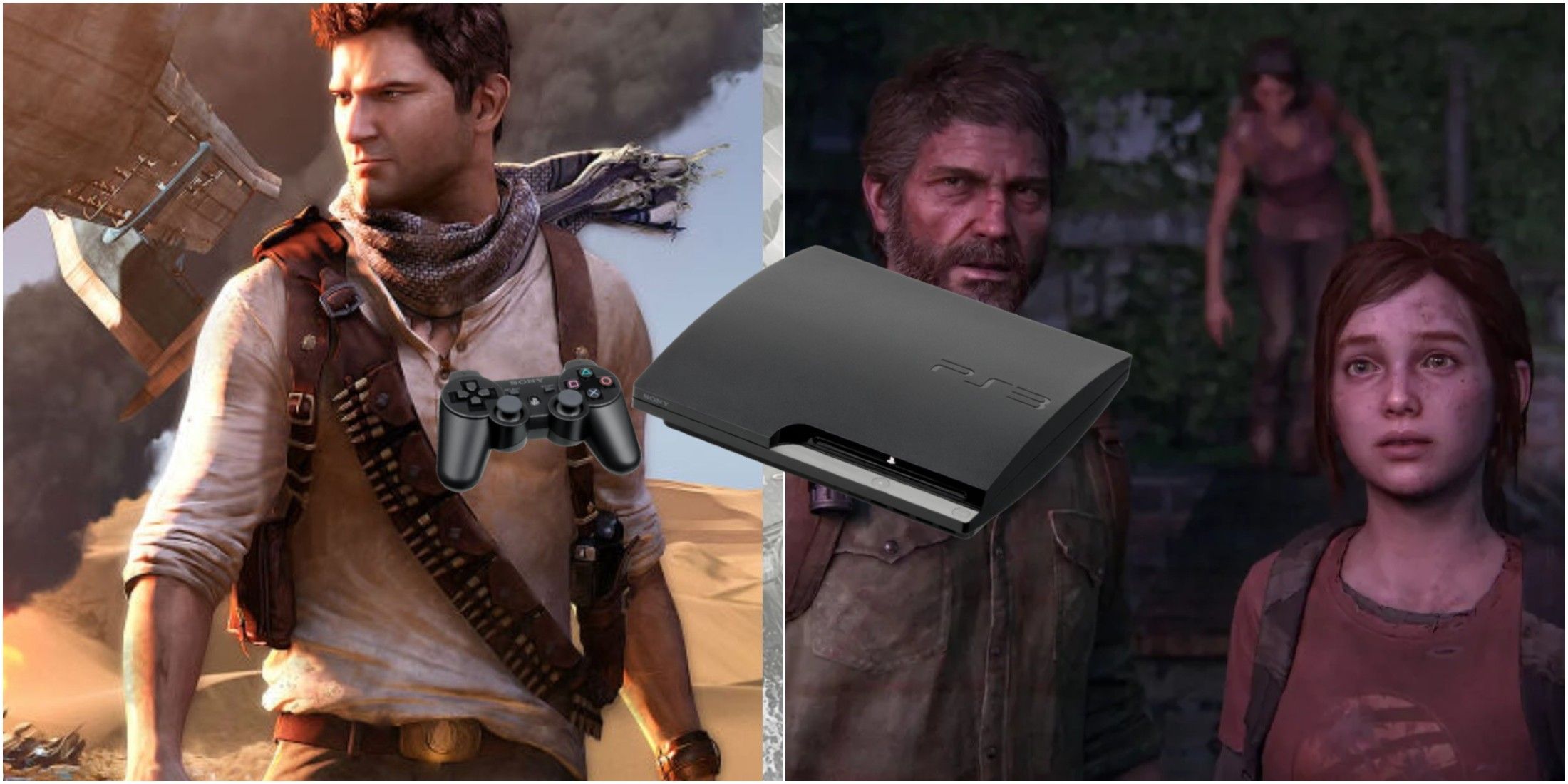 Nathan Drake from Uncharted and Joel and Ellie from the Last of Us with a PS3 console over them
