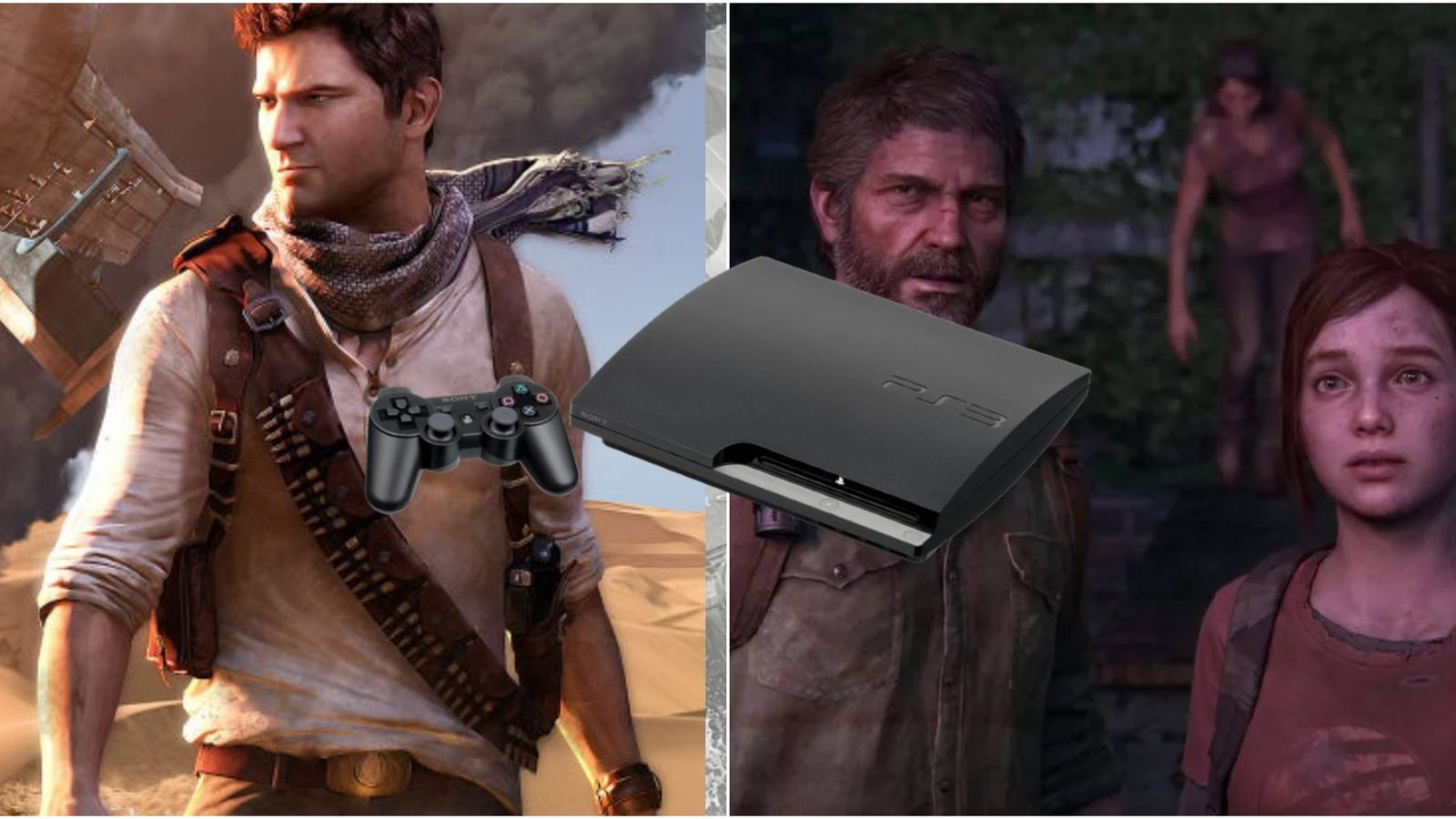 Nathan Drake from Uncharted and Joel and Ellie from the Last of Us with a PS3 console over them