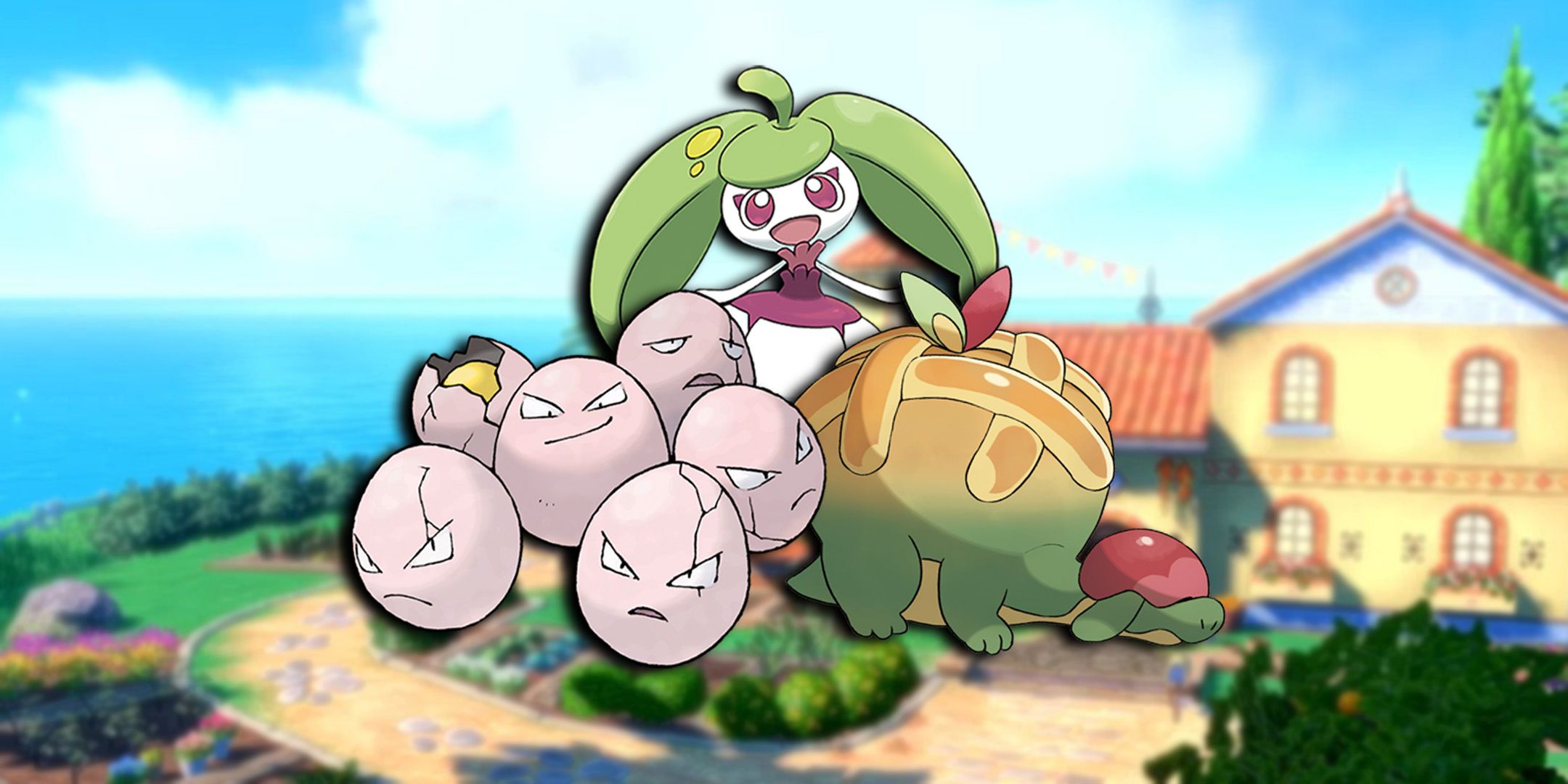 Exeggcute, Appletun, and Steenee standing together in Paldea Region