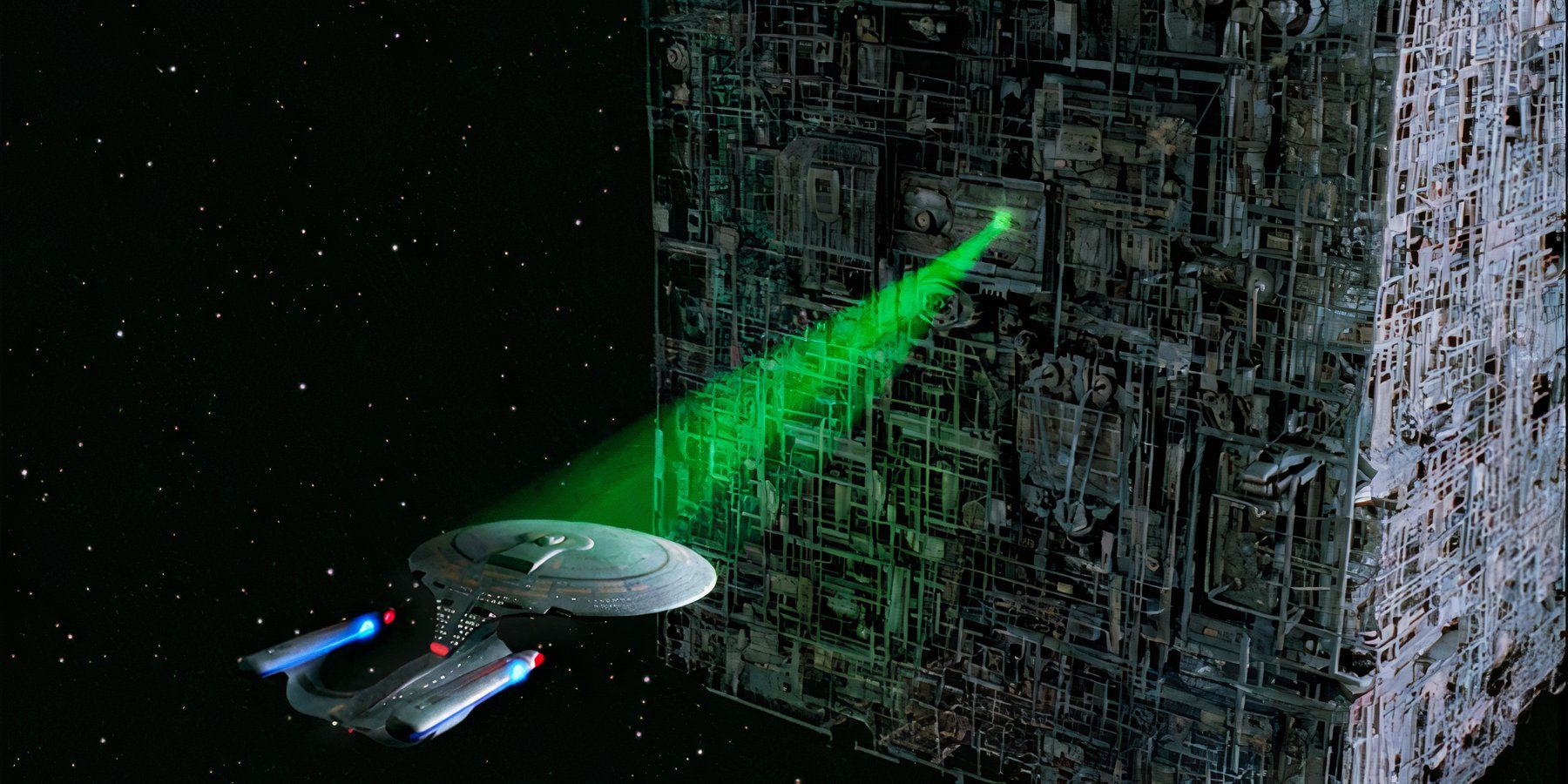 The Enterprise-D's first encounter with a Borg Cube in Star Trek: The Next Generation's Q Who