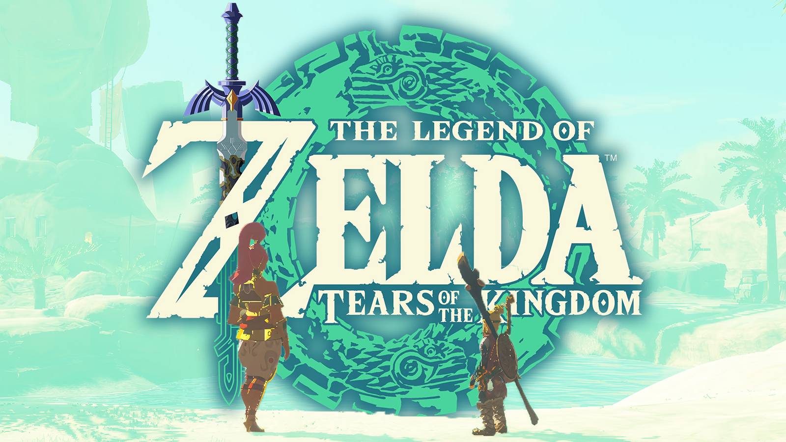 The Legend of Zelda Tears of the Kingdom Link and Gerudo warrior in desert standing in front of TOTK game logo light green background swap