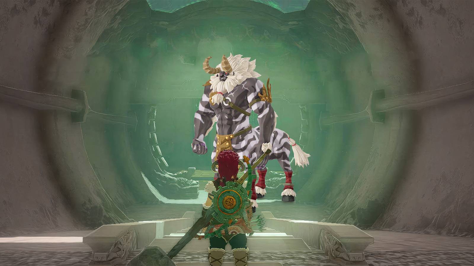 The Legend of Zelda Tears of the Kingdom TOTK Link standing in front of white maned Lynel in shrine composite