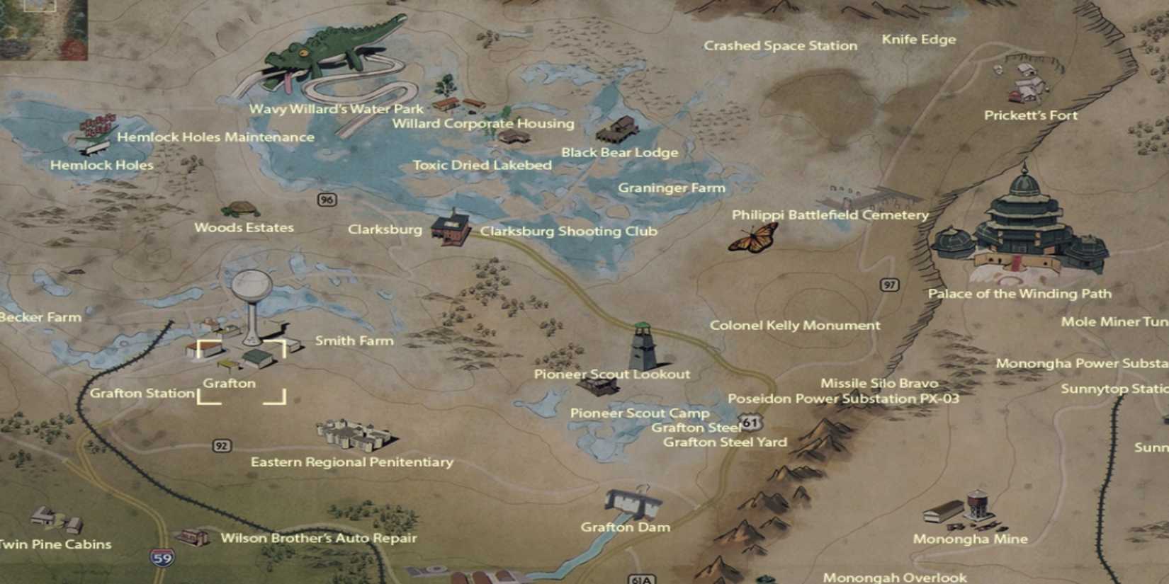 The location of Grafton marked on the map in Fallout 76