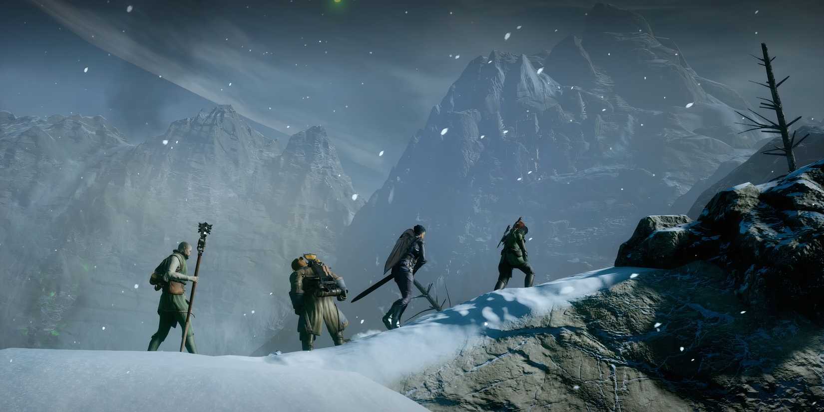 The party exploring a mountain Dragon Age Inquisition