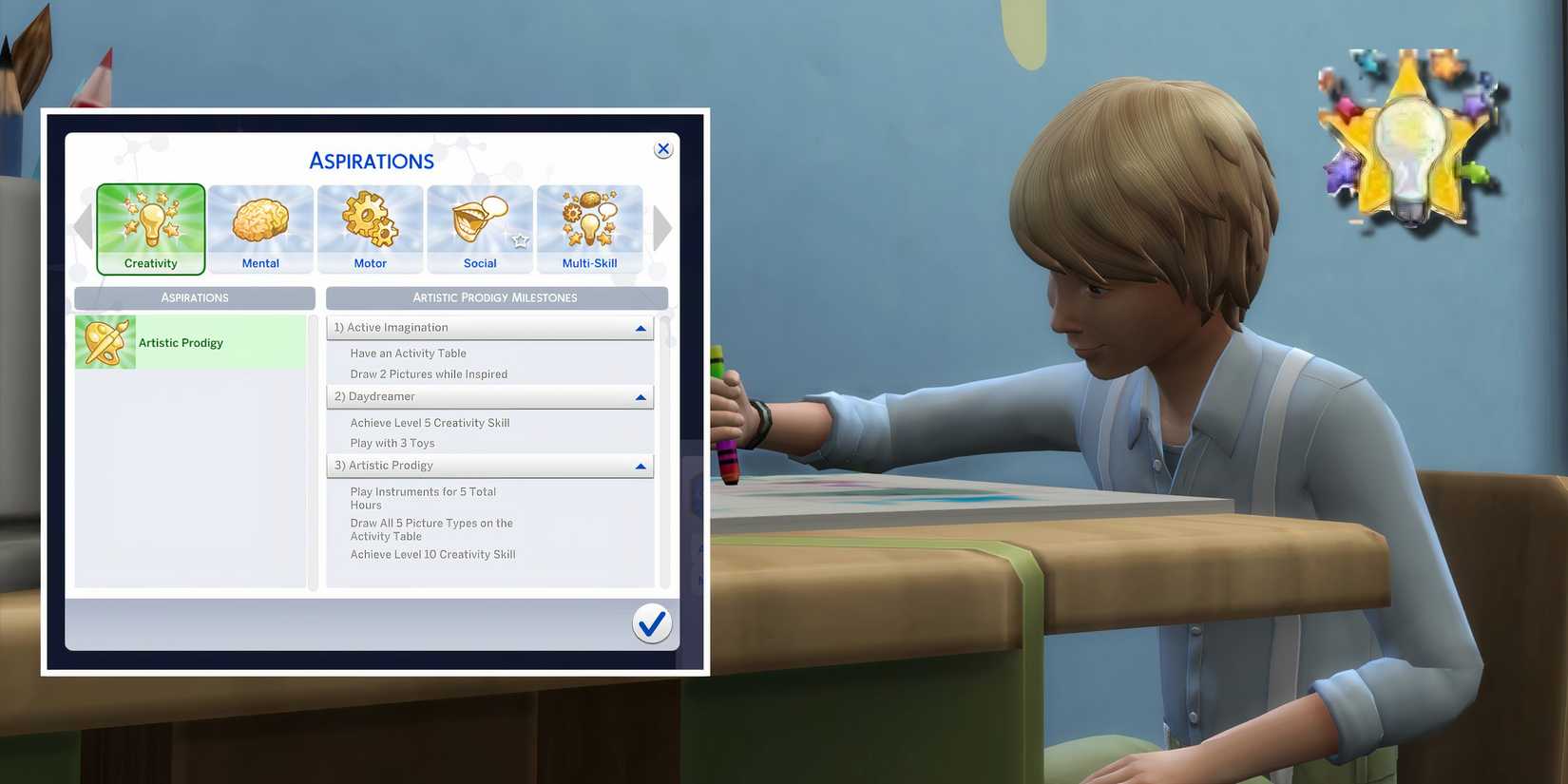 A child Sim drawing and the Artistic Prodigy aspiration