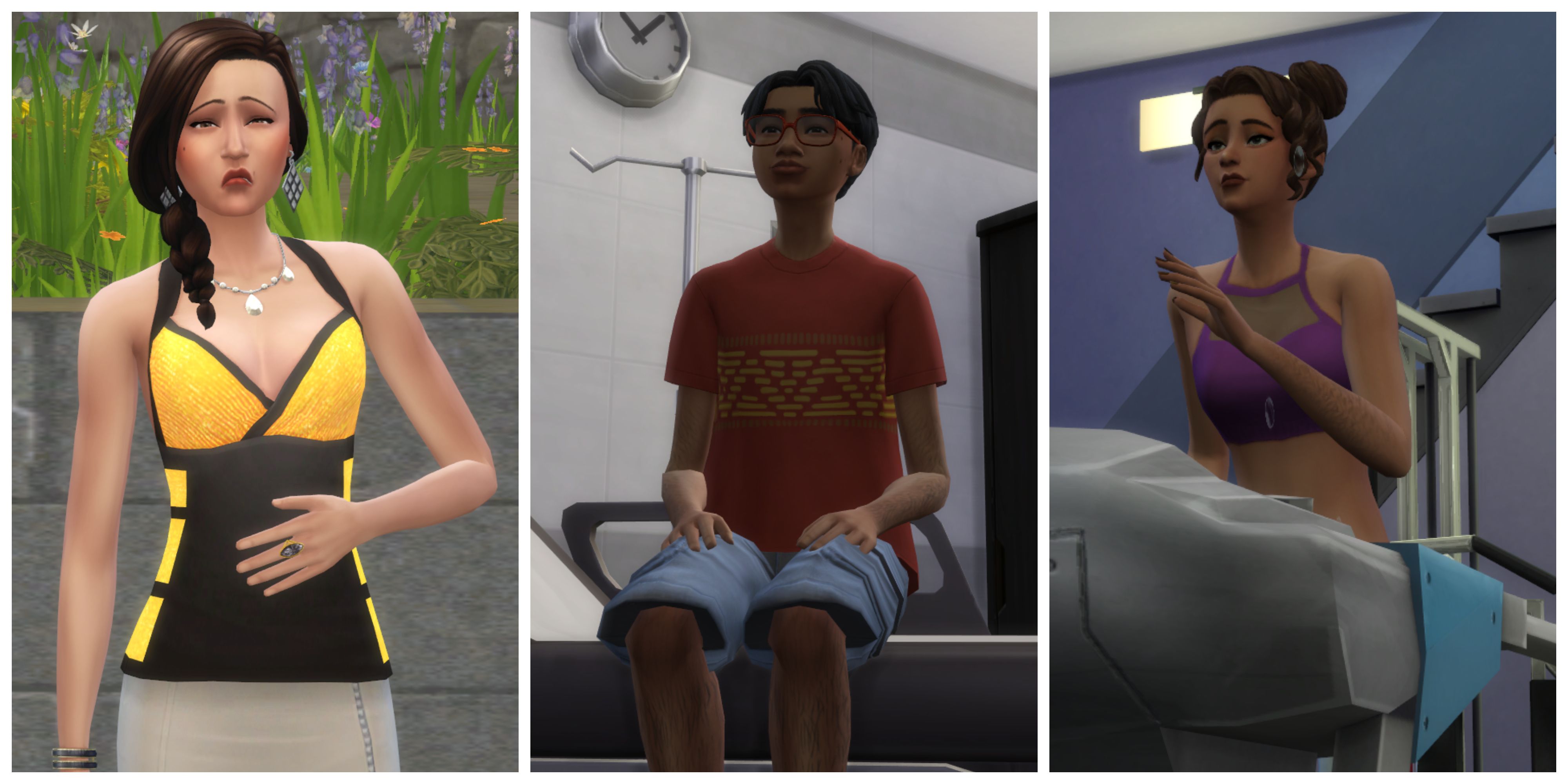 A Sim feeling sick, a Sim at the doctor, and a Sim working out, representing the ways players can use health and wellness mods to tell stories