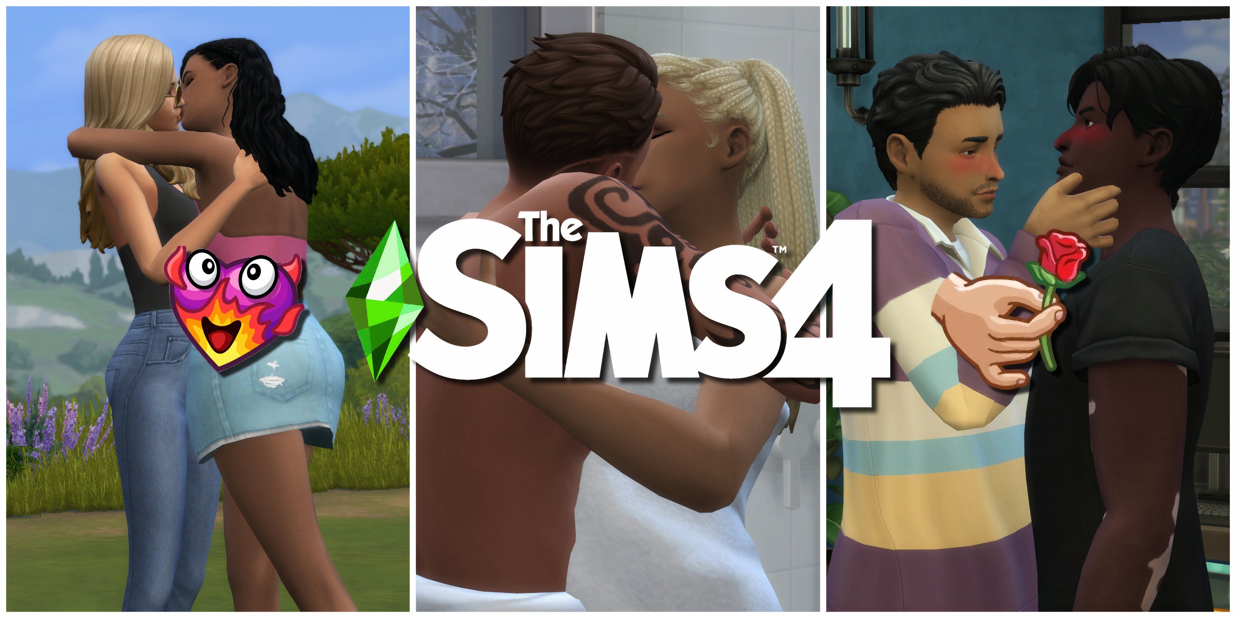 Three different Sims couples and romantic interactions from the best romance mods