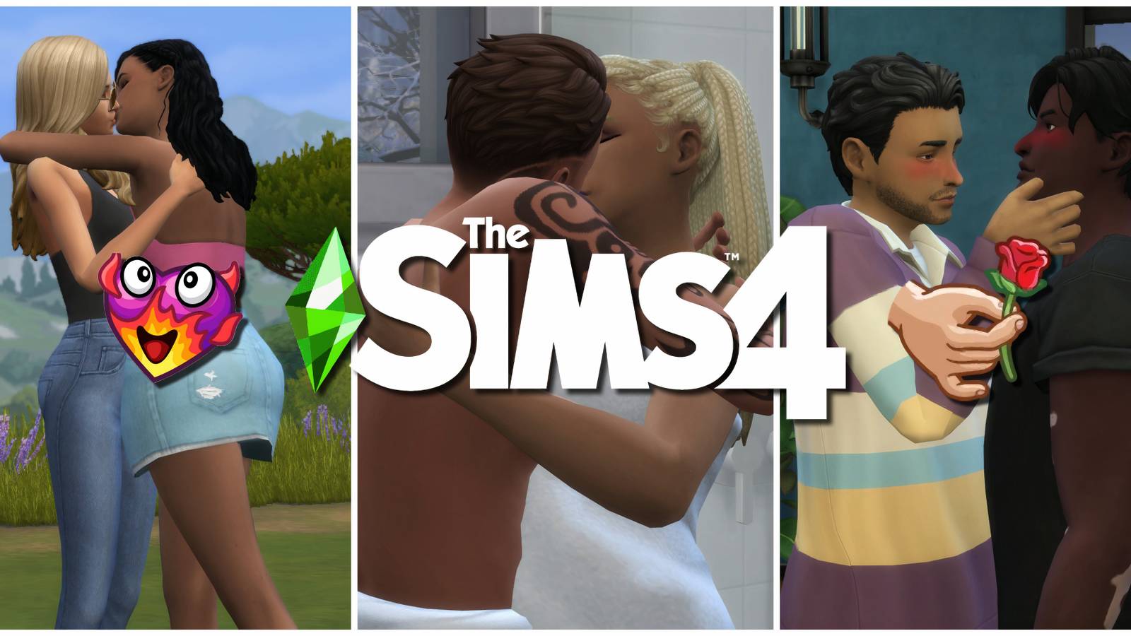 Three different Sims couples and romantic interactions from the best romance mods