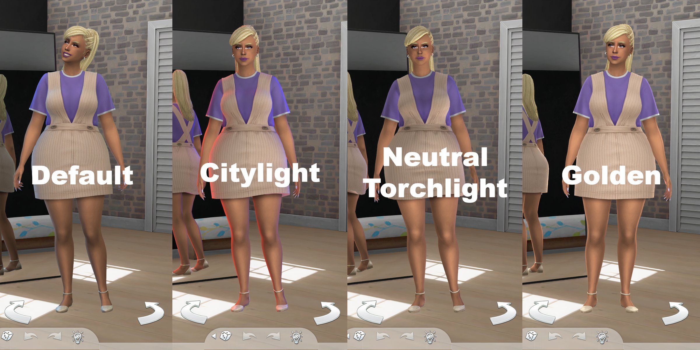 Four different shades of modded CAS lighting, including the default, citylight, neutral torchlight, and golden lighting for the Create-a-Sim screen