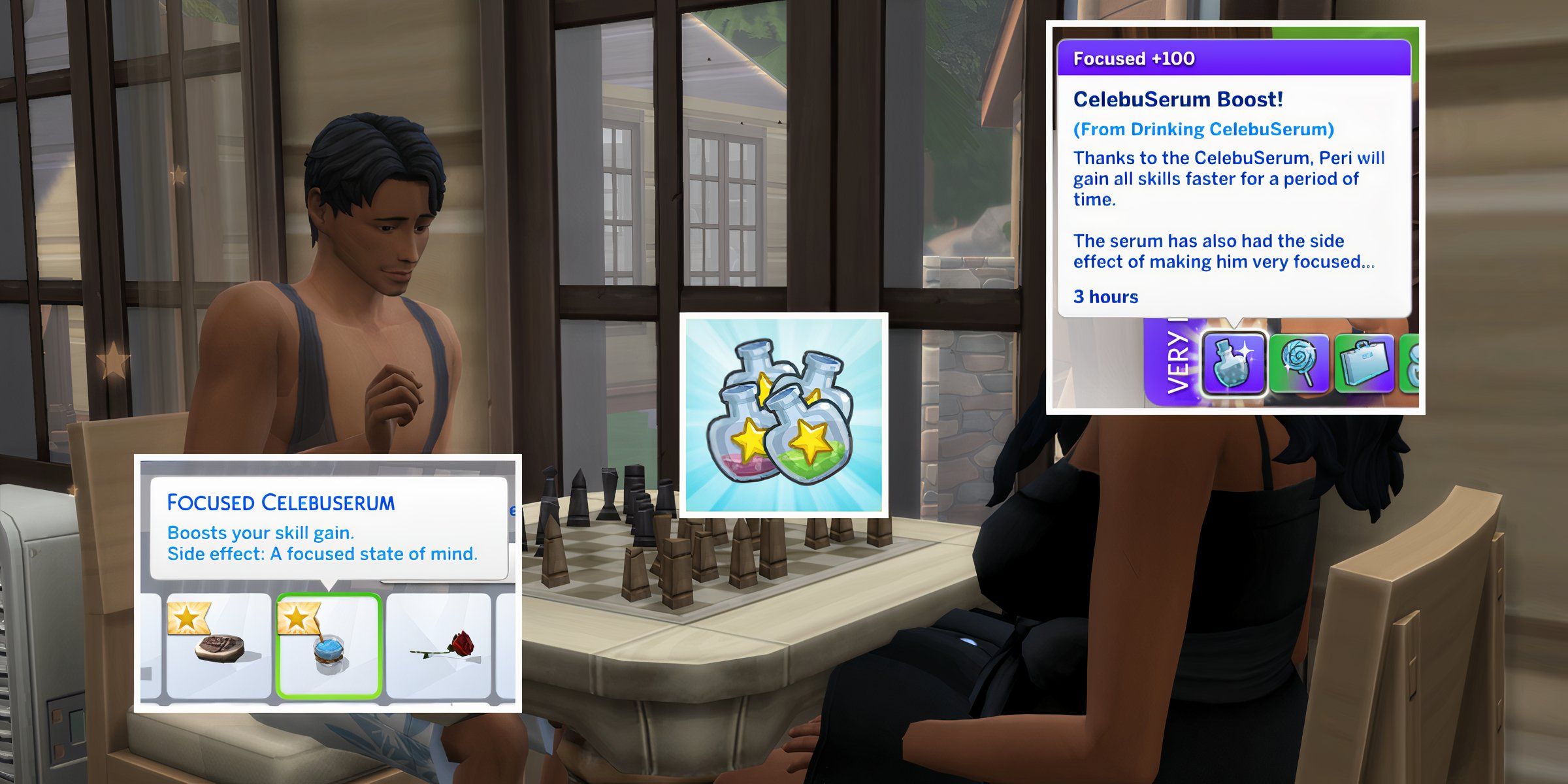 A focused Sim playing chess with the help of the CelebuSerum celebrity perk