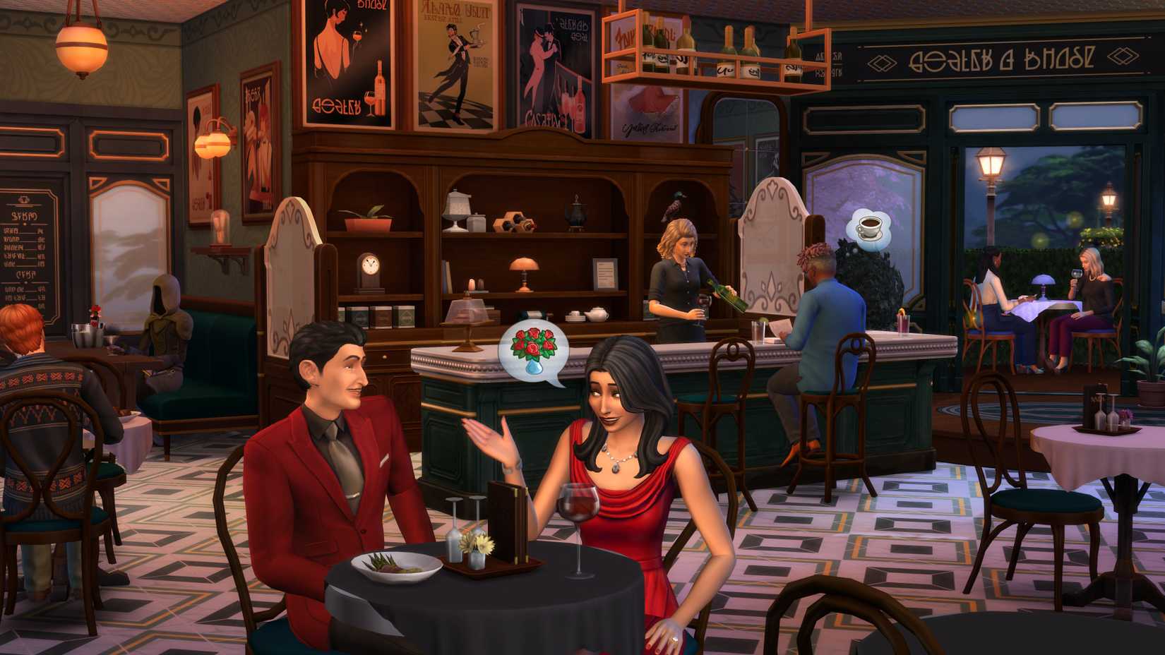 Screenshot promocional do kit Cozy Bistro de The Sims 4
