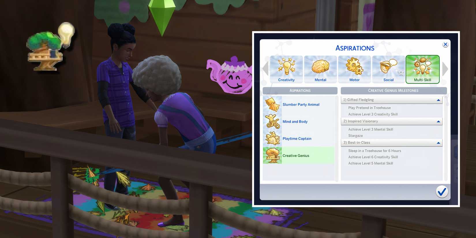 Child Sims playing in a treehouse and the Creative Genius aspiration