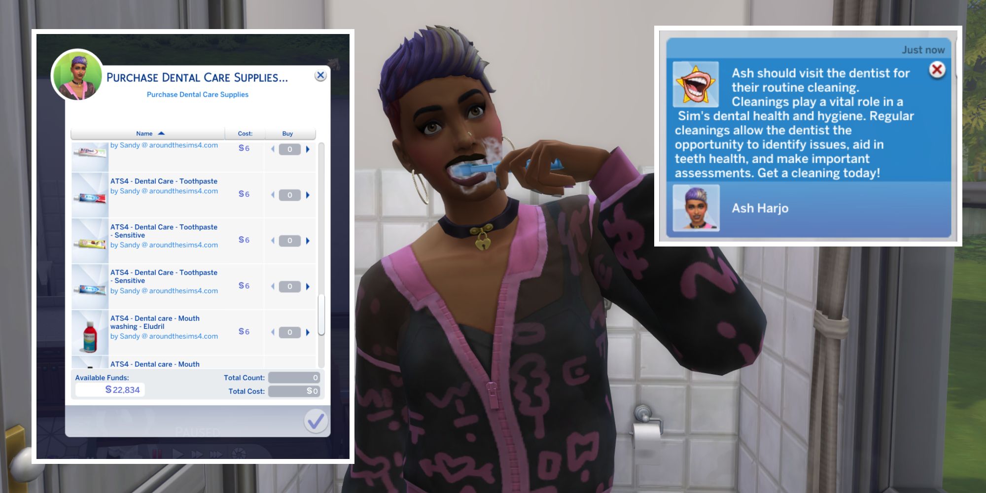 A Sim is brushing their teeth and buying dental care supplies with the Dental Care Mod