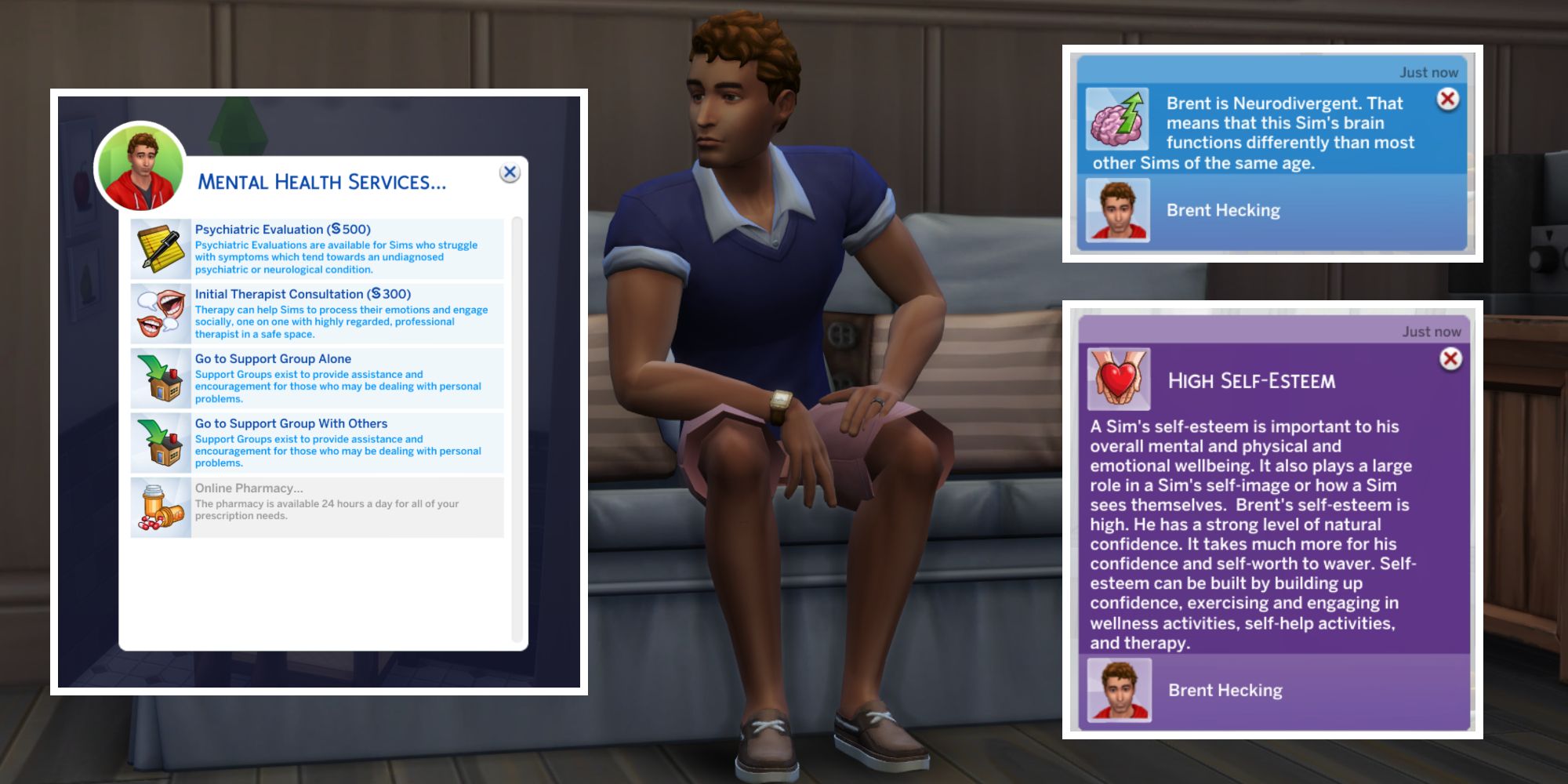 A neurodivergent Sim is seeking mental health services from the Divergent Sims Mod