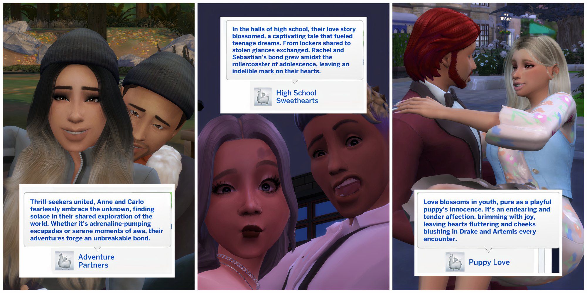 Some of the new romantic relationship types from the Enhanced Storytelling Relationship Bits
