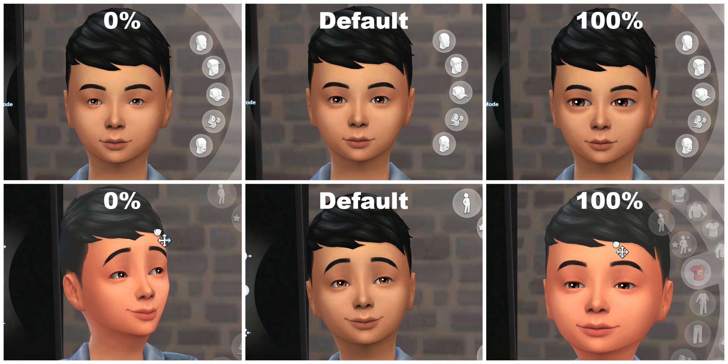 The defaults and the most exaggerated versions with the Expanded Eye Slider mod