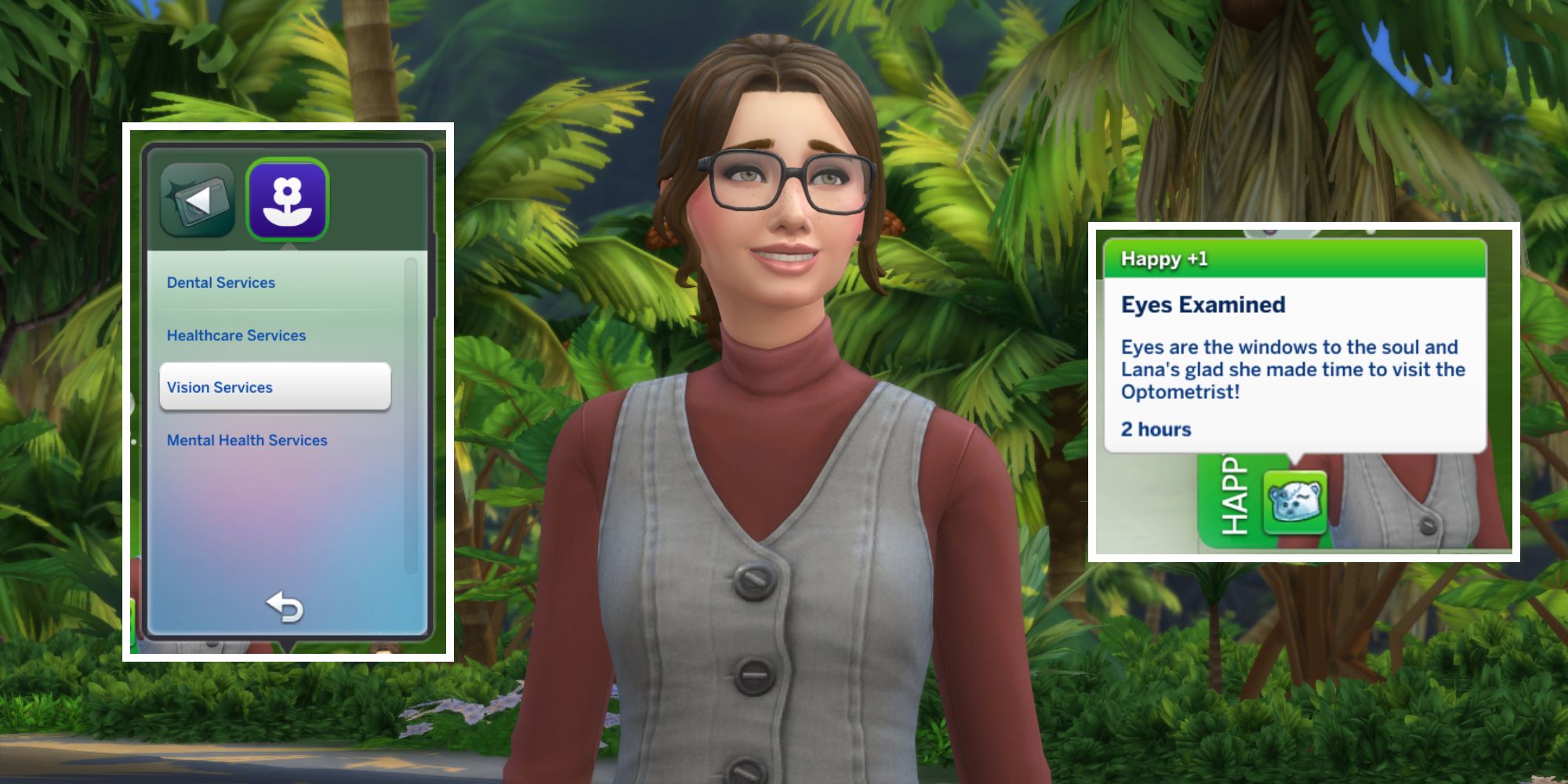 A Sim with glasses has recently visited the optometrist with the Eye Care Mod