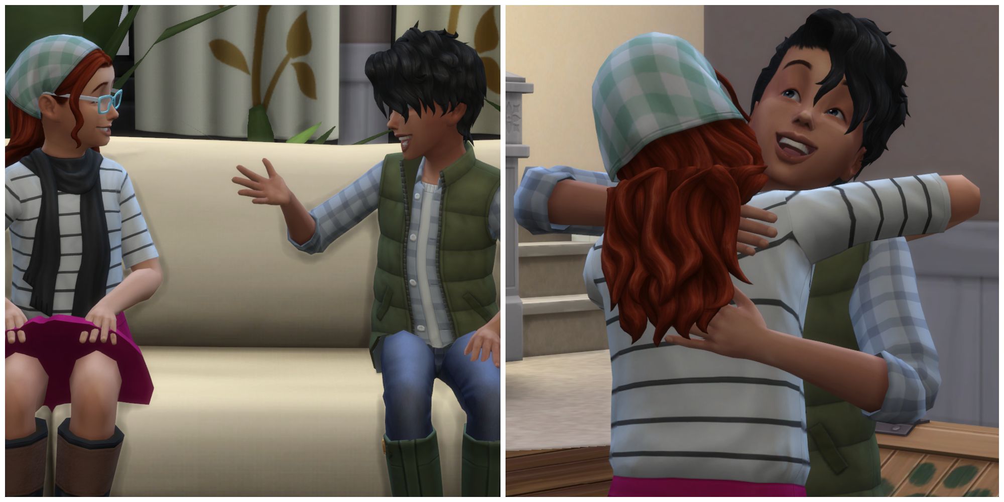 Two child Sims are talking and hugging because they're crushes with the First Love mod