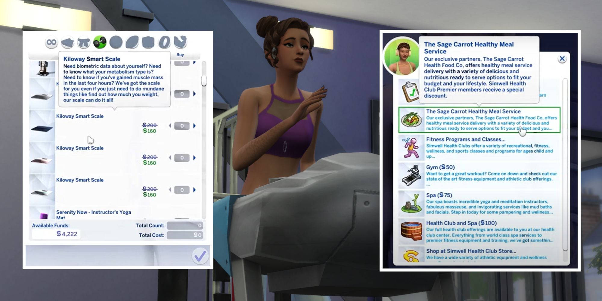 A Sim is working out to achieve their fitness goals using the Healthy Living Mod