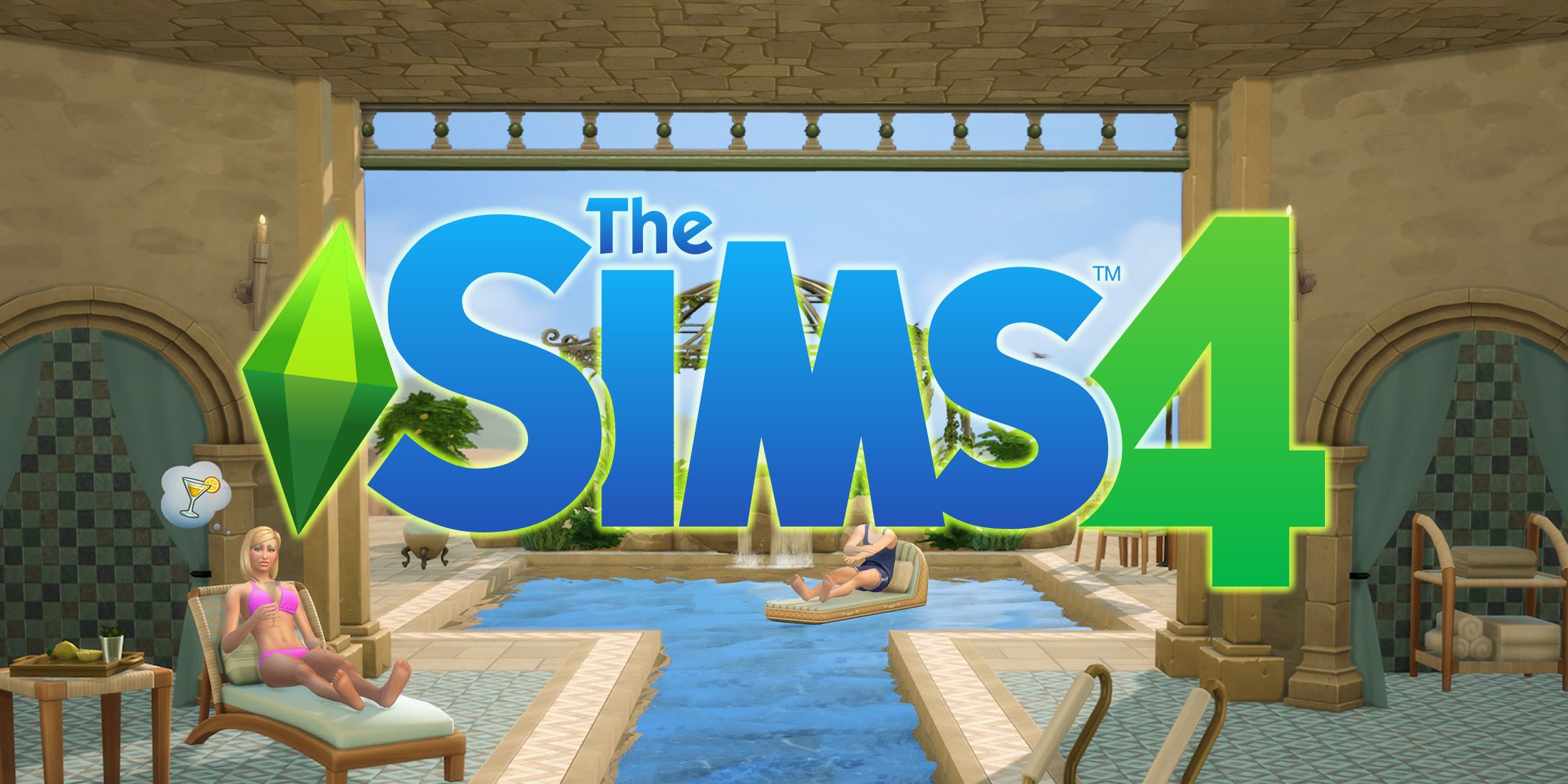 The Sims 4 logo on Riviera Retreat Kit promo screenshot