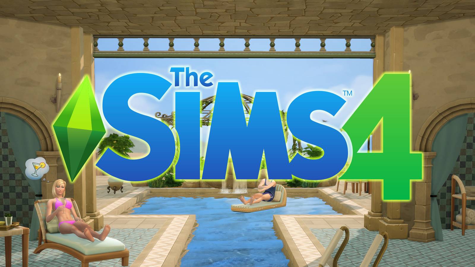 The Sims 4 logo on Riviera Retreat Kit promo screenshot
