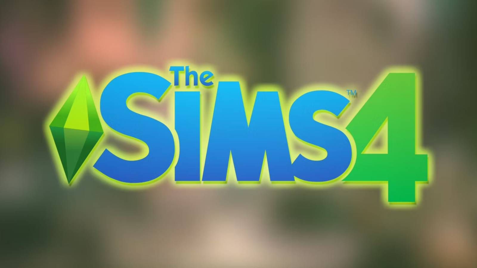 The Sims 4 logo with lime outer glow and drop shadow on blurred Bloom Rooms Kit DLC pack screenshot