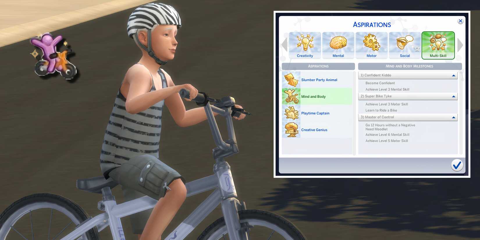 A child Sim riding a bike and the Mind and Body aspiration