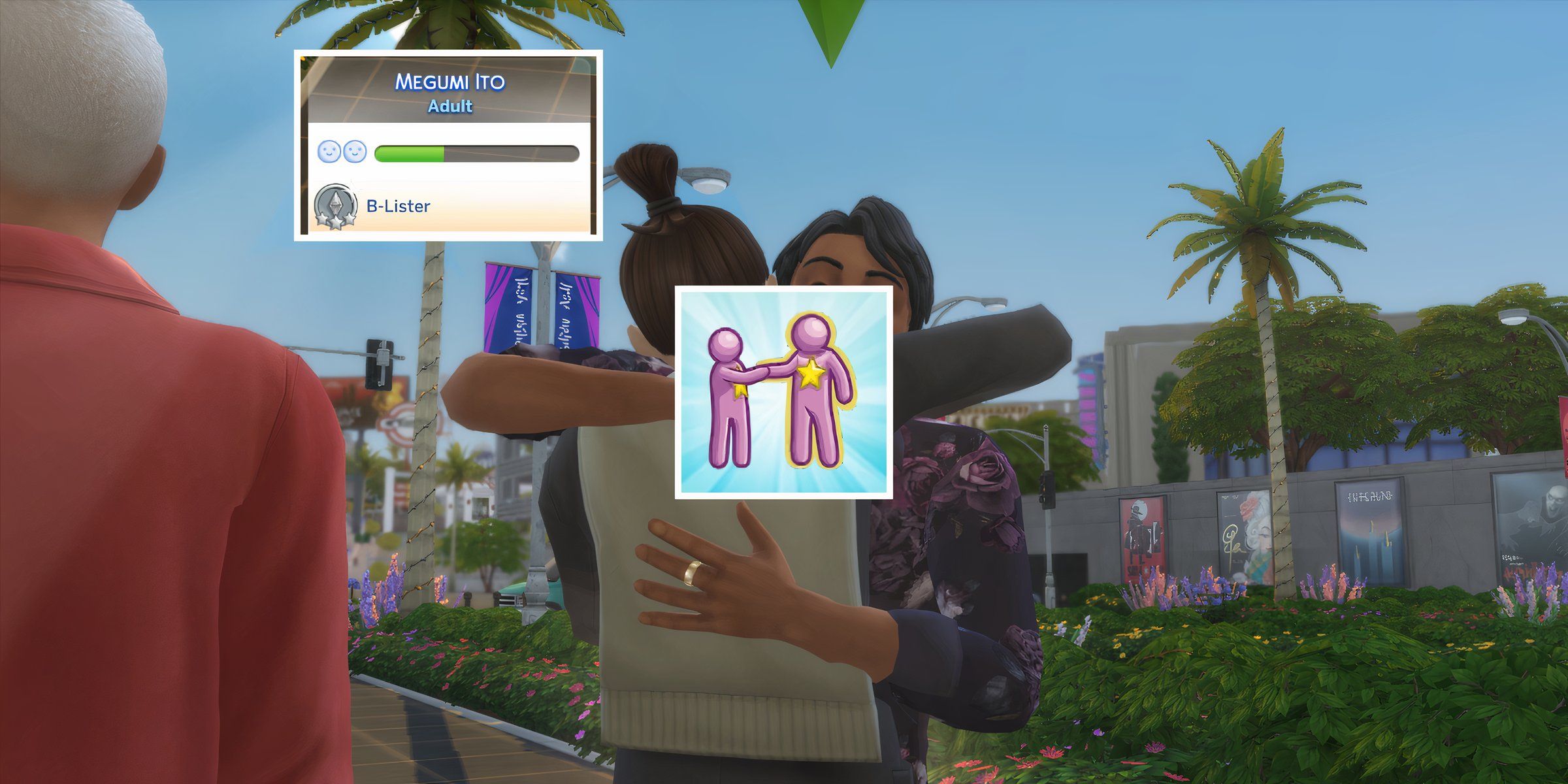 A Sim with the Networking celebrity perk is hugging a famous celebrity