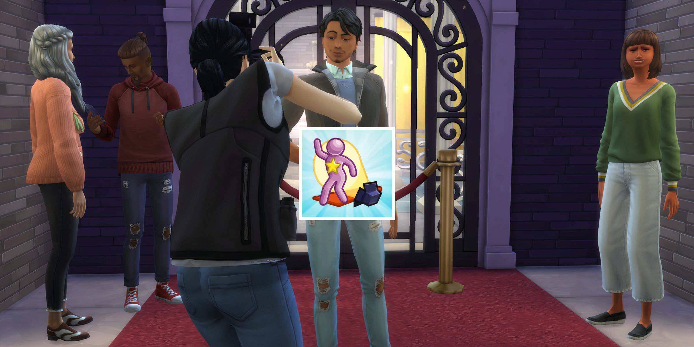 A Sim with the Noticeable celebrity perk is posing for paparazzi and fans