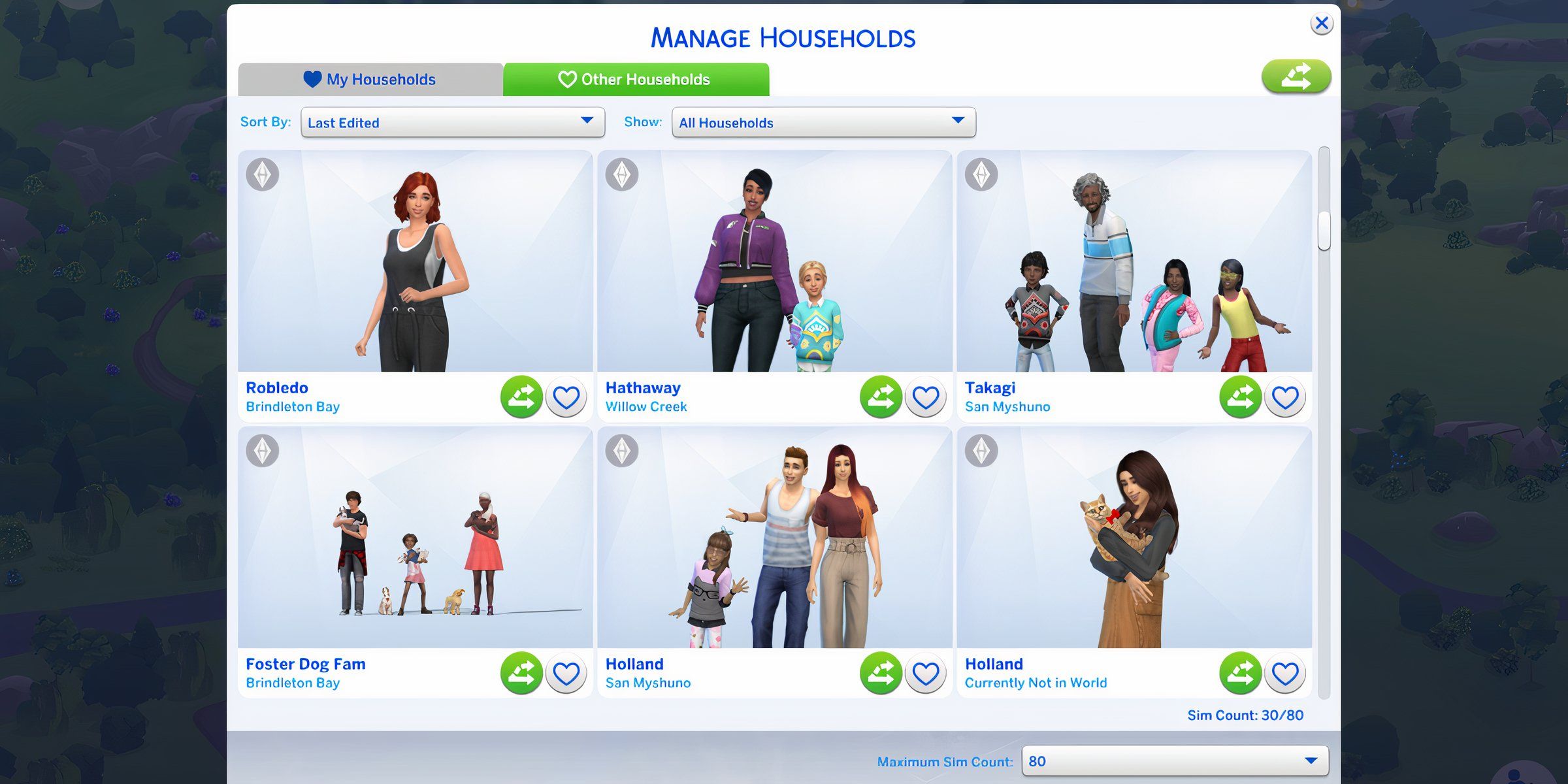 The manage households screen, enhanced by the Preset Selection For Randomized Sims