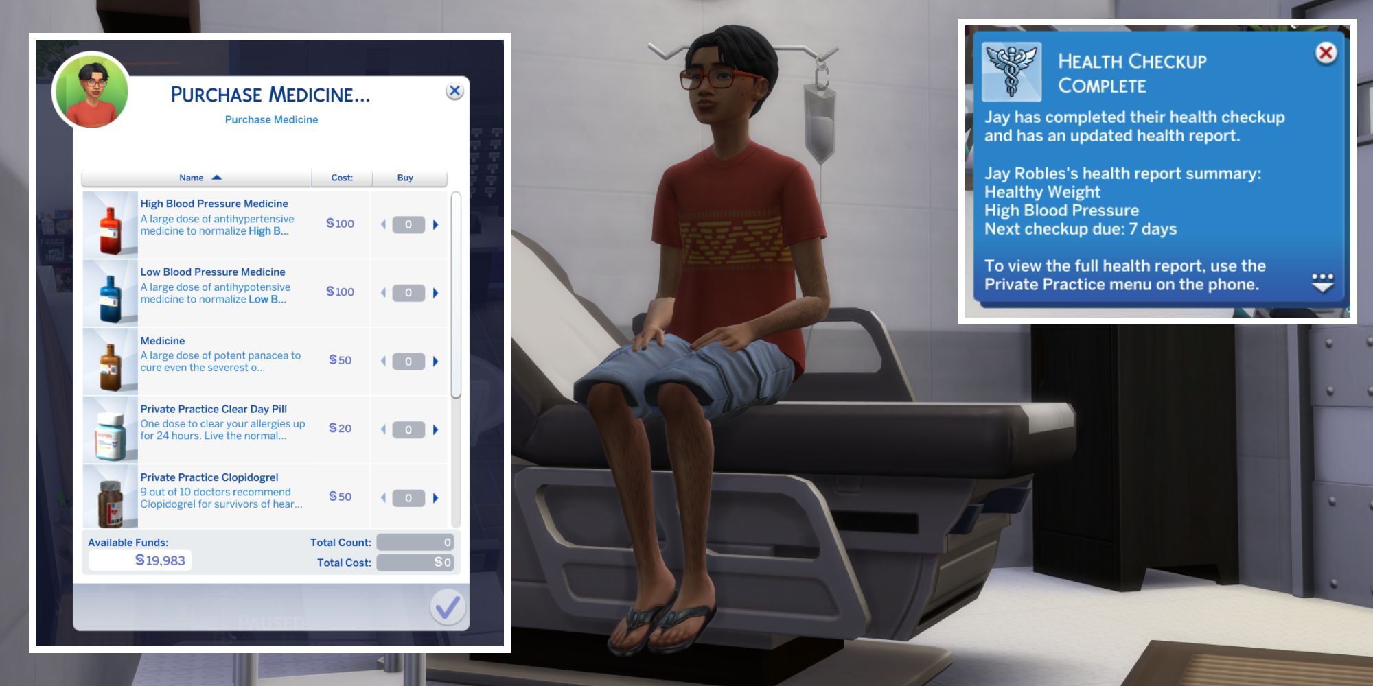A Sim is at a private clinic from the Private Practice Mod, getting diagnosed and medications for illnesses