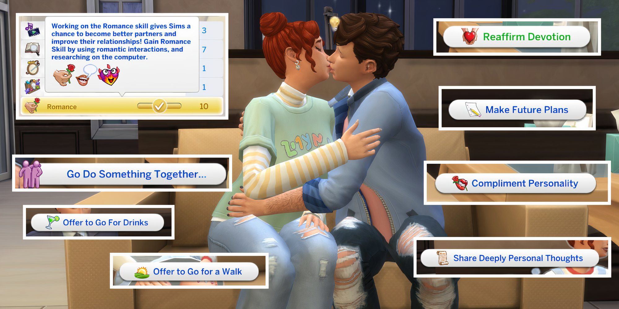 The new romance skill and several of the new interactions from the Road To Romance mod