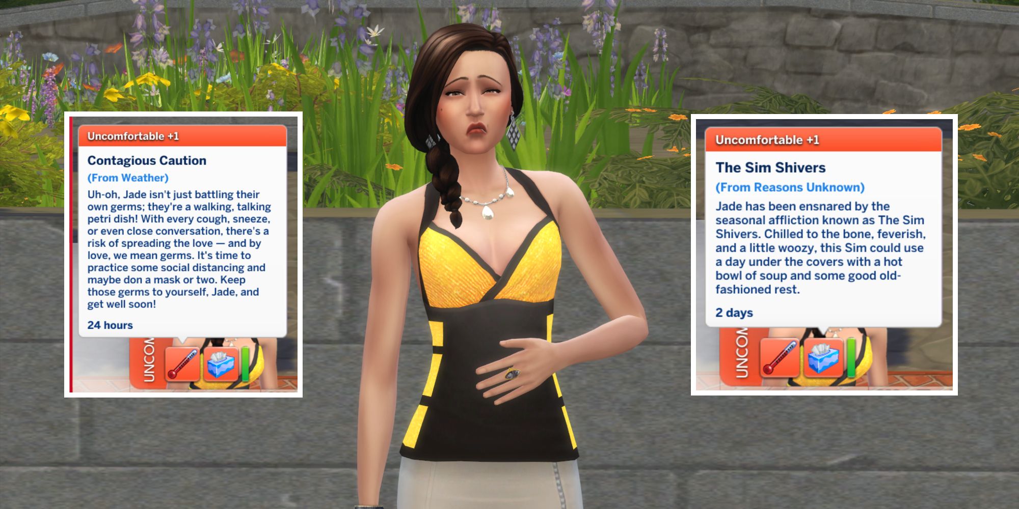 A Sim is feeling sick with symptoms from the Slice of Life mod