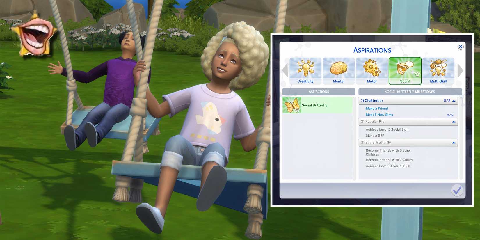 Two child Sims on the swings and the Social Butterfly aspiration