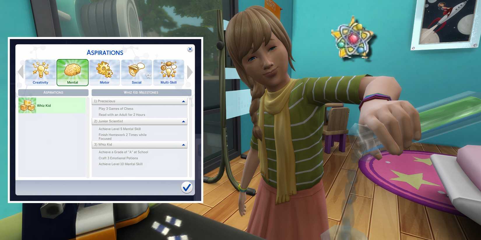 A child Sim at a potion station and the Whiz Kid aspiration