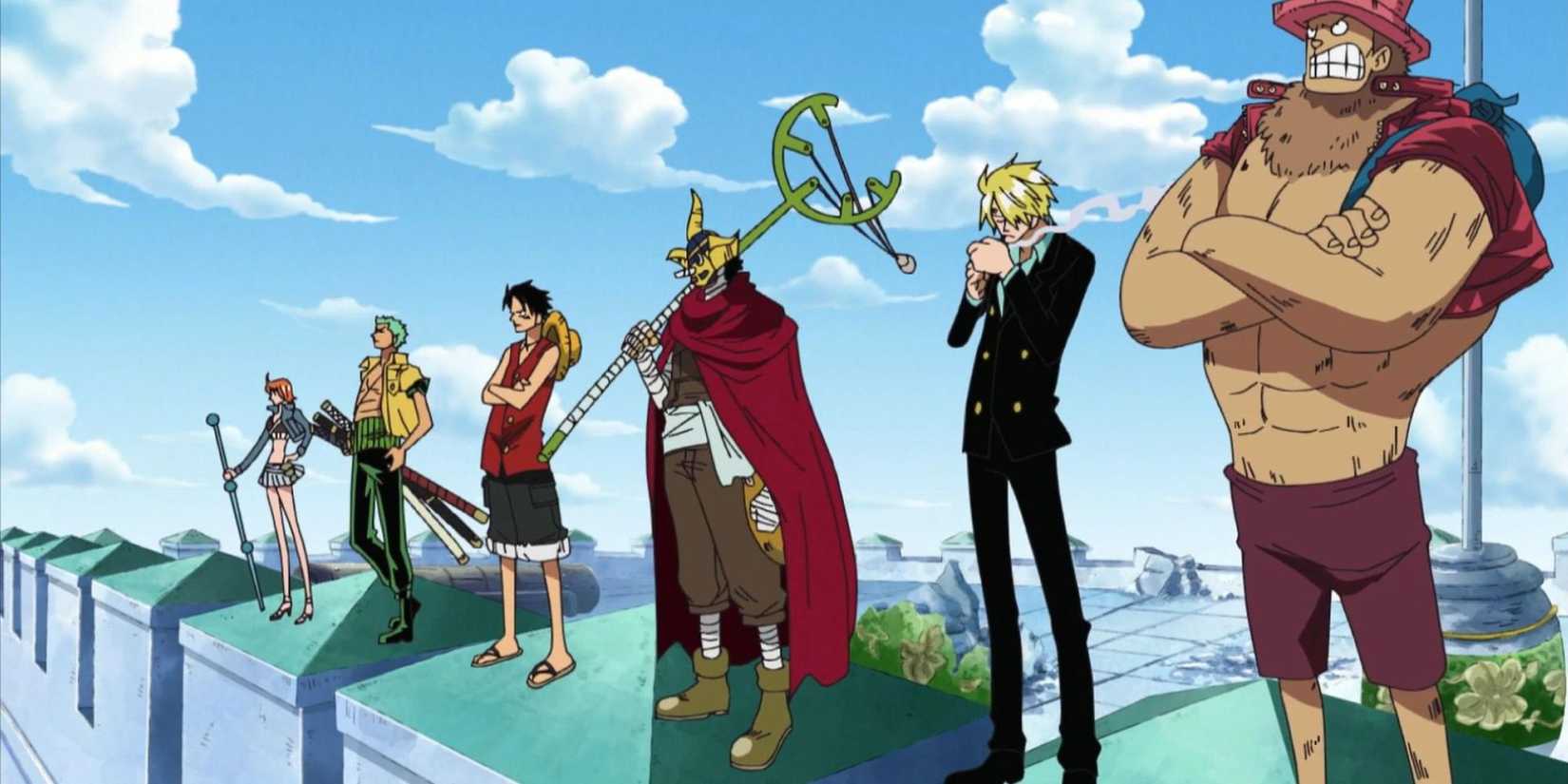 The Straw Hat Pirates (Nami, Zoro, Luffy, Sogeking, Sanji and Chopper) confront CP9 in order to retrieve Robin.