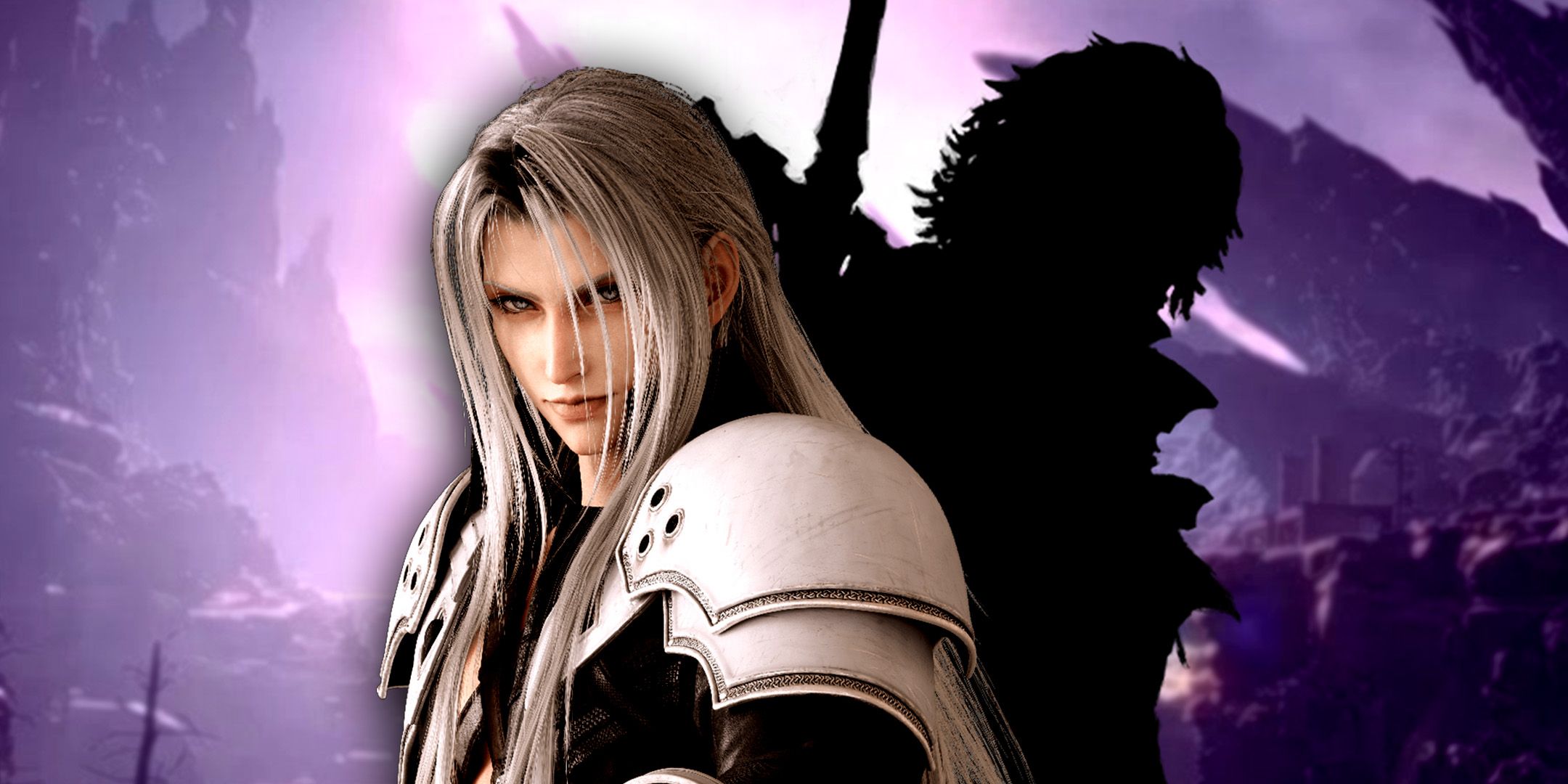 Sephiroth from Final Fantasy 7 Rebirth standing next to final fantasy protagonist silhouette