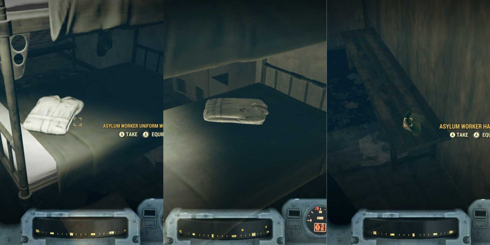 The three spawn locations for the Red Asylum Dress on the third floor of the Fort Defiance building in Fallout 76.