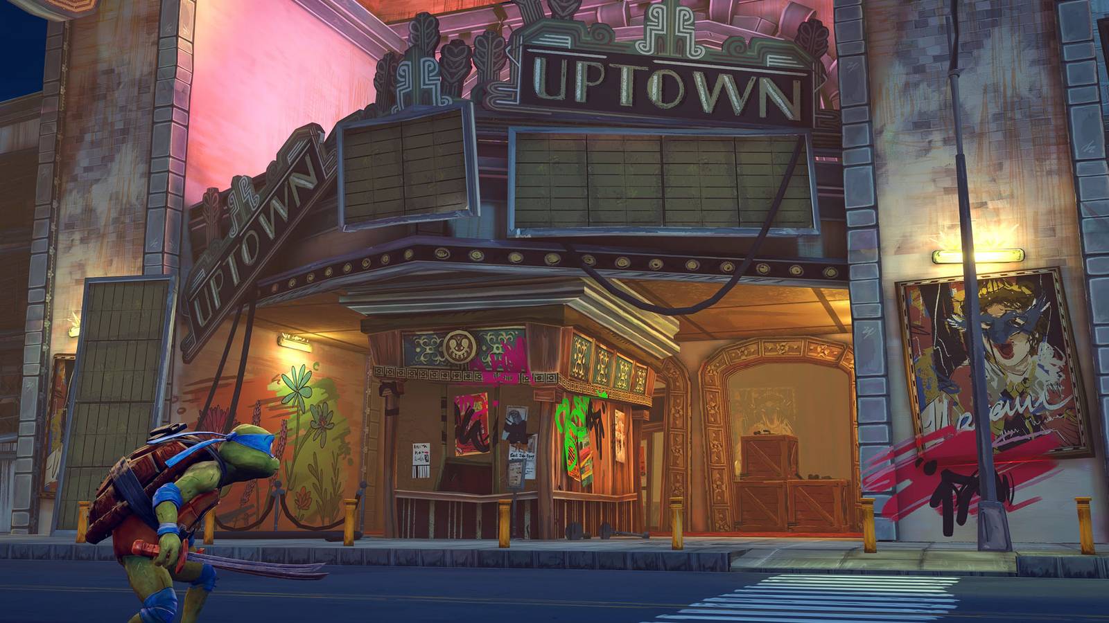 A screenshot of Leonardo approaching a theather in Teenage Mutant Ninja Turtles: Mutants Unleashed.