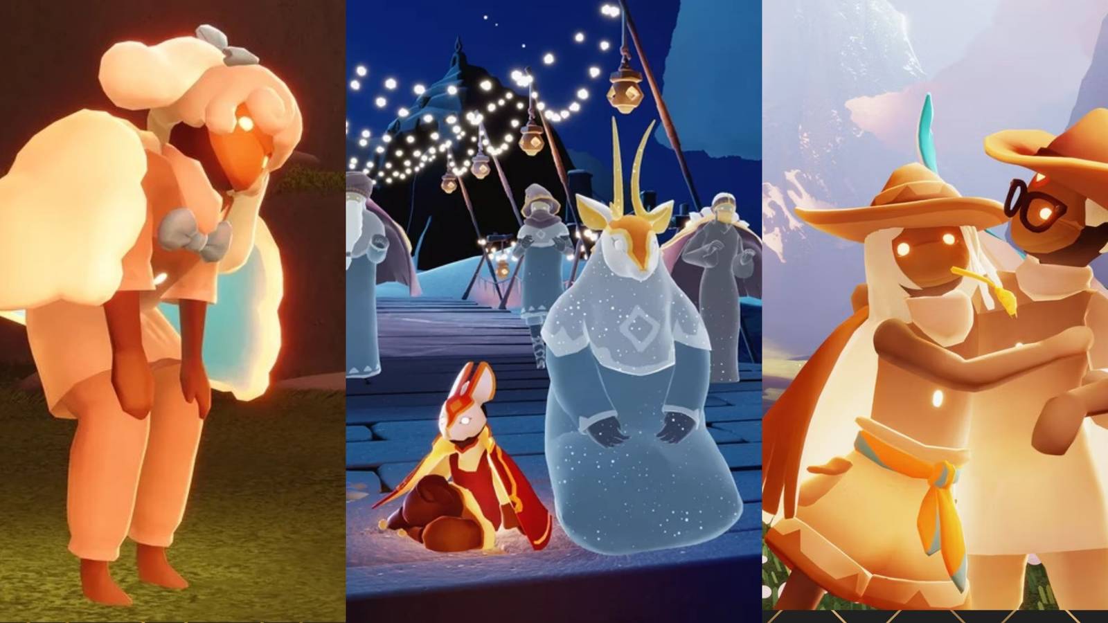 Split images with different outfits and event in sky children of light