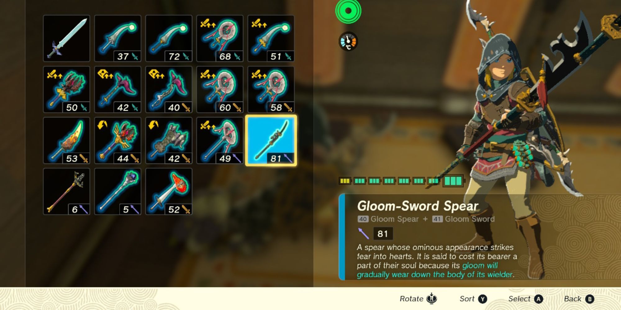 Link holding a Gloom-Sword Spear which has 81 overall damage
