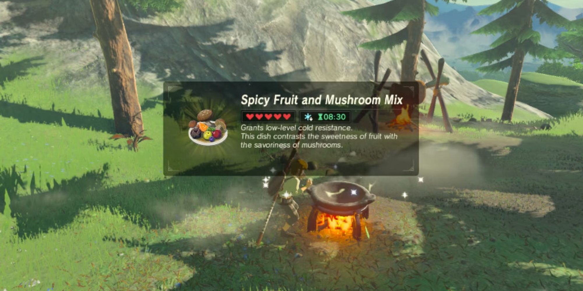 Link making Spicy Fruit and Mushroom Mix in TOTK