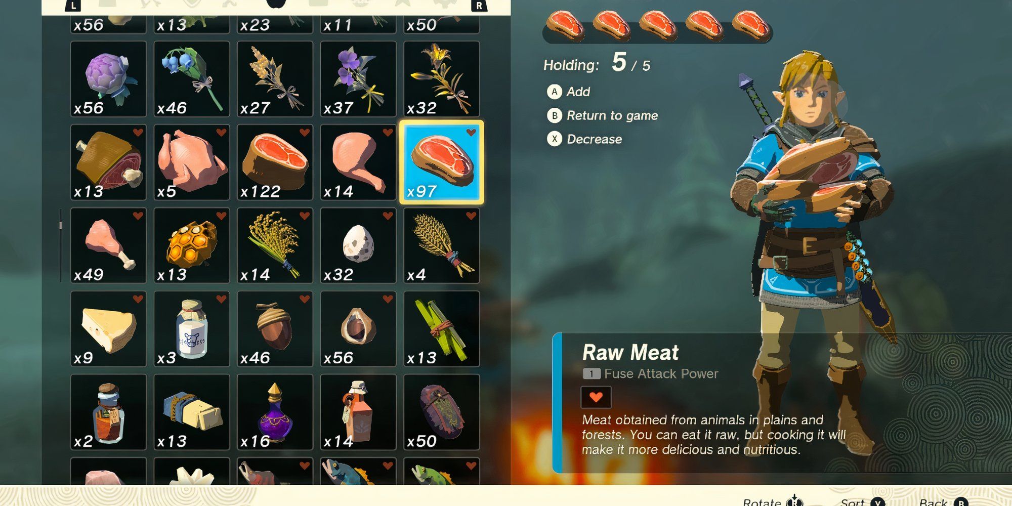 Link holding an armful of Raw Meat in the inventory of TOTK