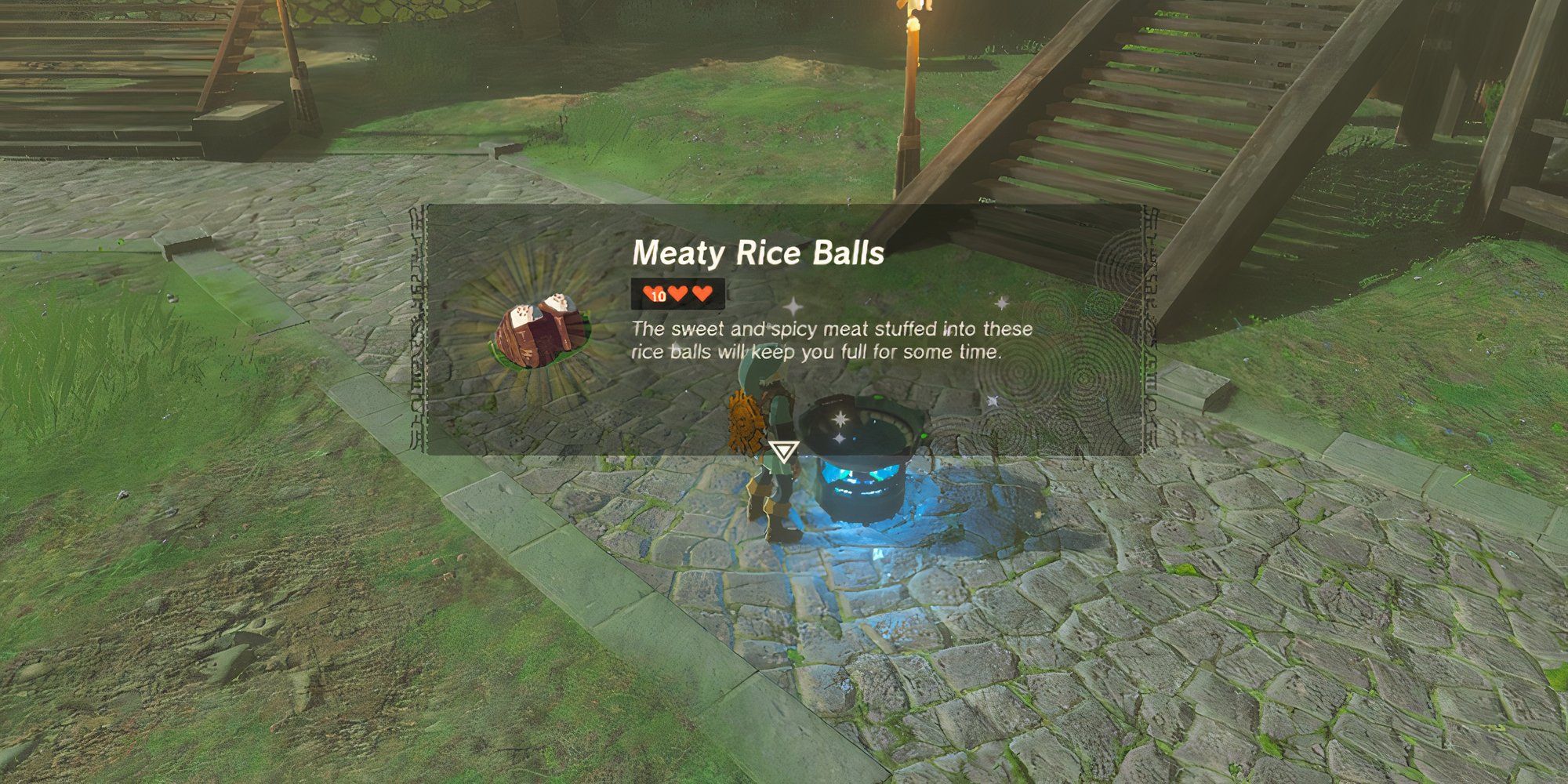 Link after cooking Meaty Rice Balls in TOTK