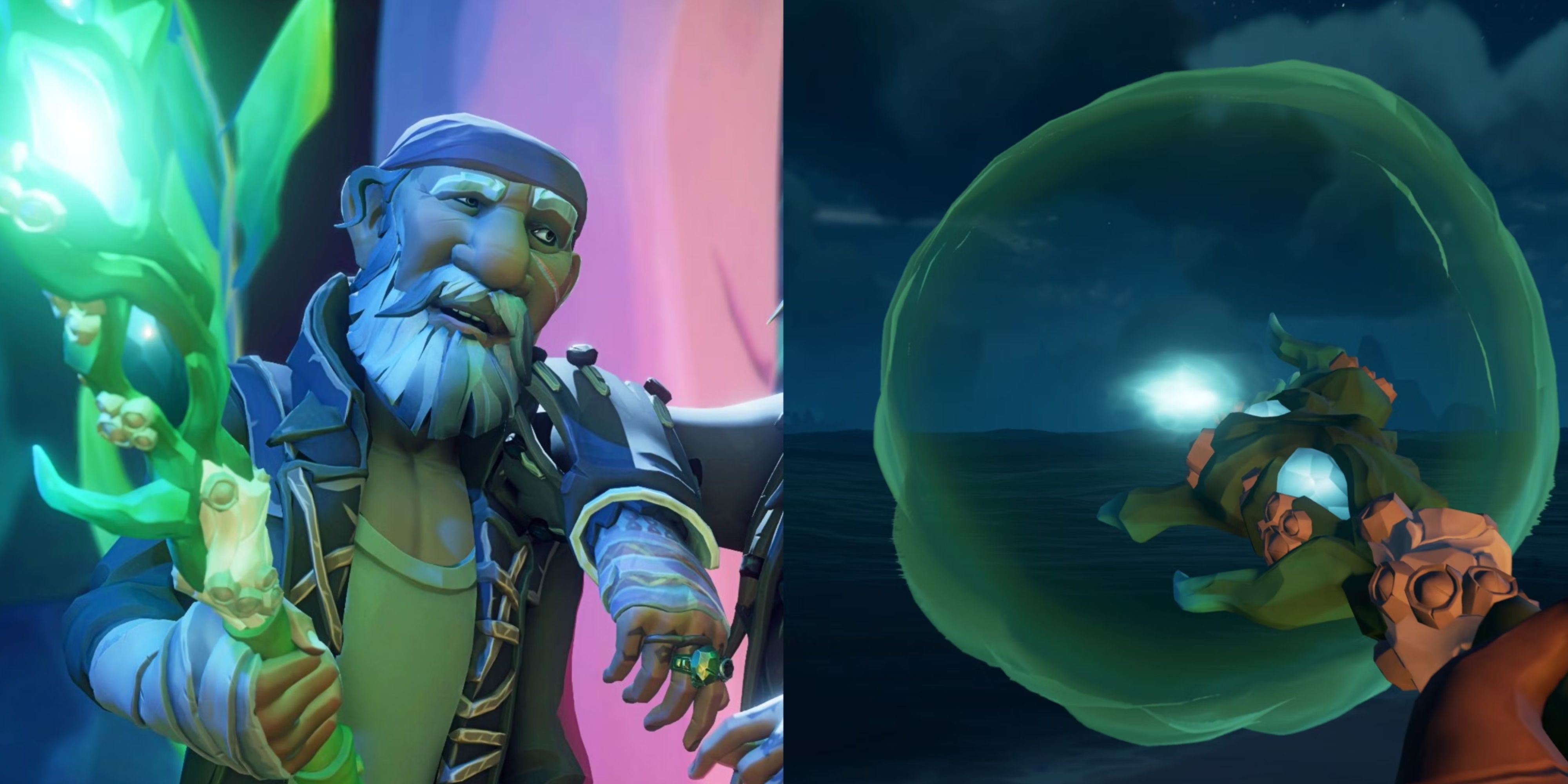 A split image of the Trident of Dark Tides in Sea of Thieves