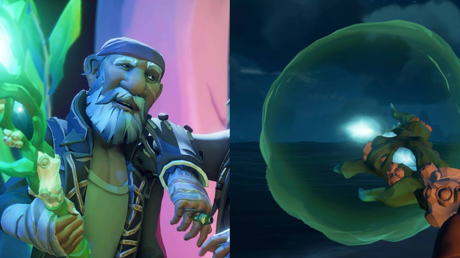 A split image of the Trident of Dark Tides in Sea of Thieves