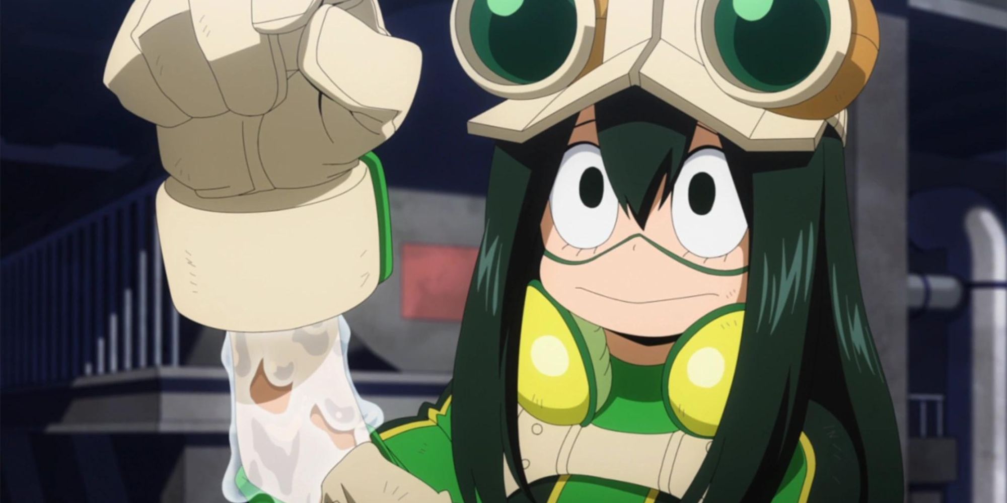 Tsuyu Asui uses her quirk to secrete a liquid from her body in My Hero Academia